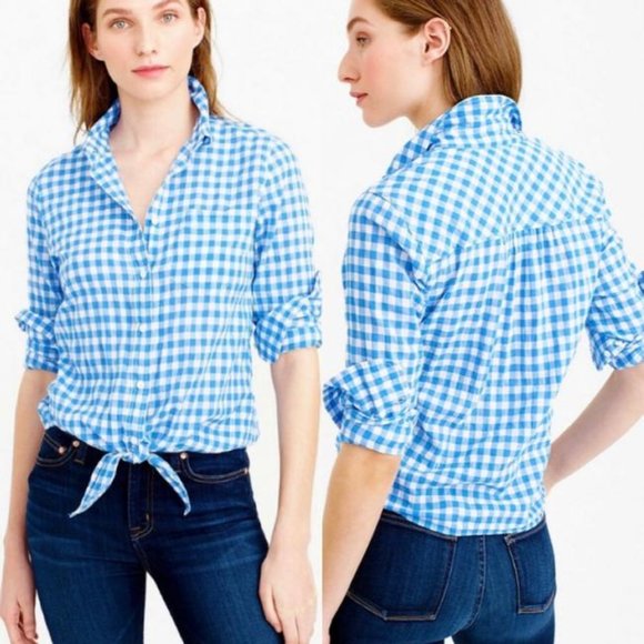 J. Crew Tops - LIKE NEW J. Crew Blue Gingham Tie Front Button Down Boy Shirt Size 4